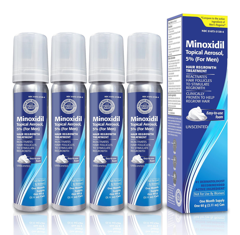 TARO Minoxidil foam bottle close-up, easy-to-use 5% formula for men.