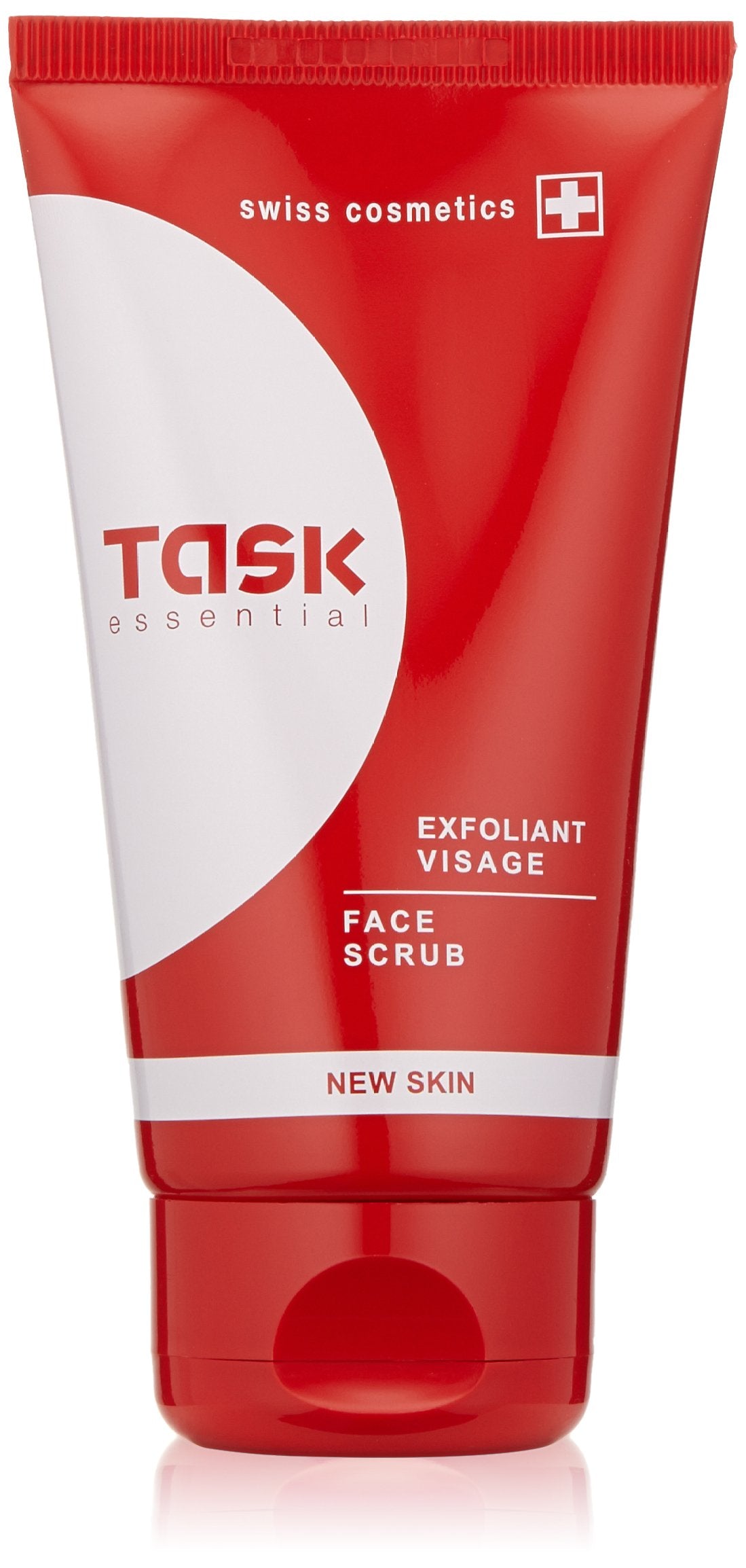 Task Essential New Skin Scrubbing Gel packaging shows premium branding for a gentle exfoliation routine.