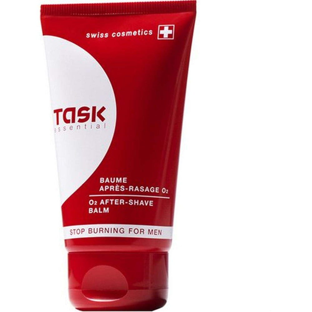 Task Essential Stop Burning 02 after-shave bottle highlighting alpine snow algae for hydration and soothing relief.