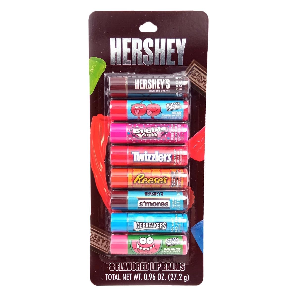 Taste Beauty Hershey 8-pack flavored lip balm tubes in bright colors for on-the-go moisture.