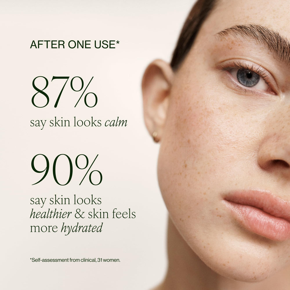Neck application illustrates a delicate, non-irritating layer for sensitive skin.