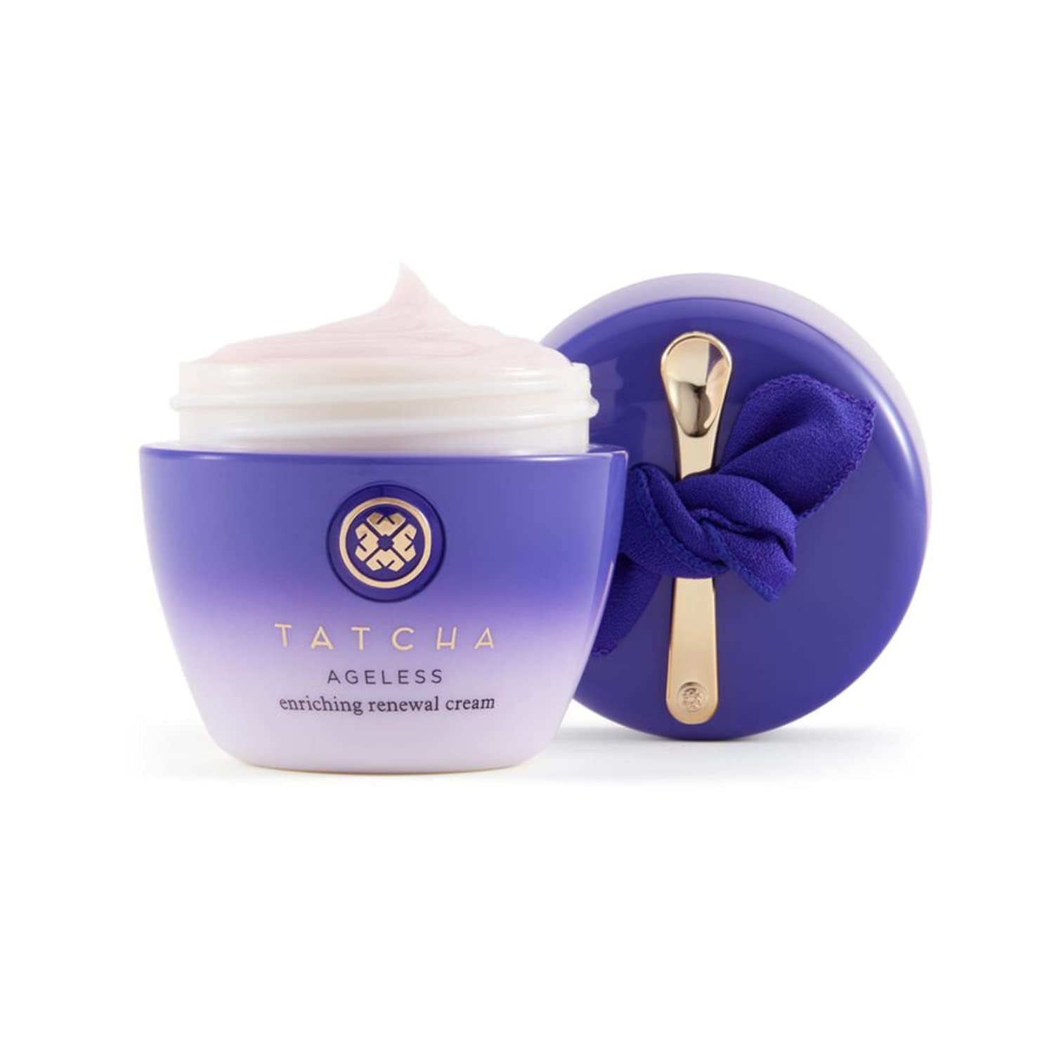 TATCHA Ageless Enriching Renewal Cream in use, suggesting a generous, comforting amount.