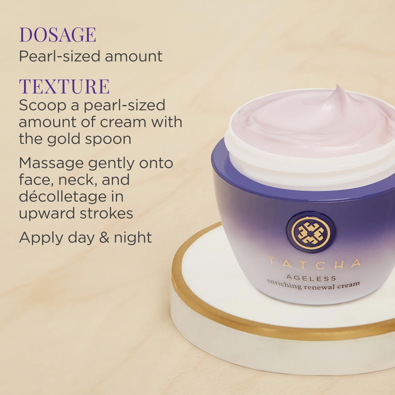 TATCHA Ageless Enriching Renewal Cream ingredients label showcases rice bran and green tea benefits.