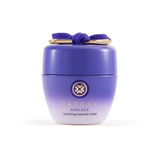 TATCHA Ageless Enriching Renewal Cream jar closeup shows rich texture for deep hydration.