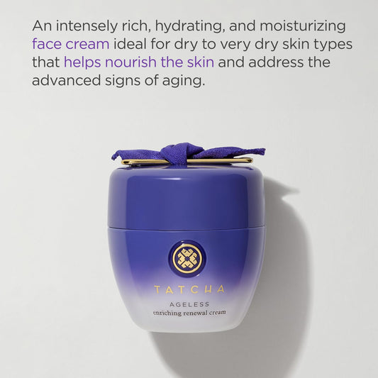 TATCHA Ageless Enriching Renewal Cream texture swirl highlights luxurious, moisturizing consistency.