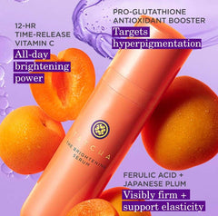 TATCHA Brightening Serum applied on cheek for even tone.