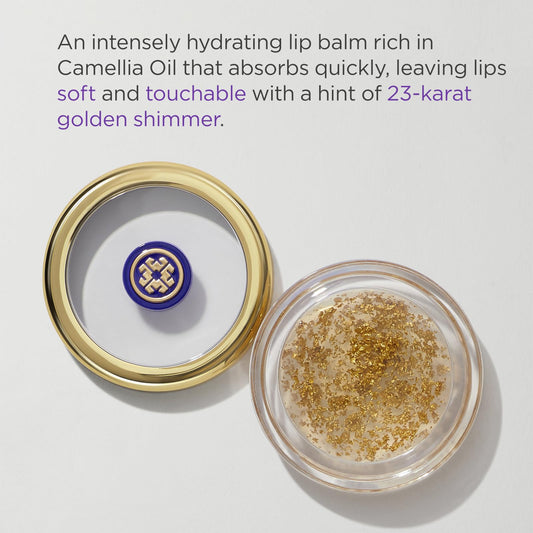 Tatcha Camellia Gold Spun Lip Balm closeup; nourishing formula for smooth, supple lips.