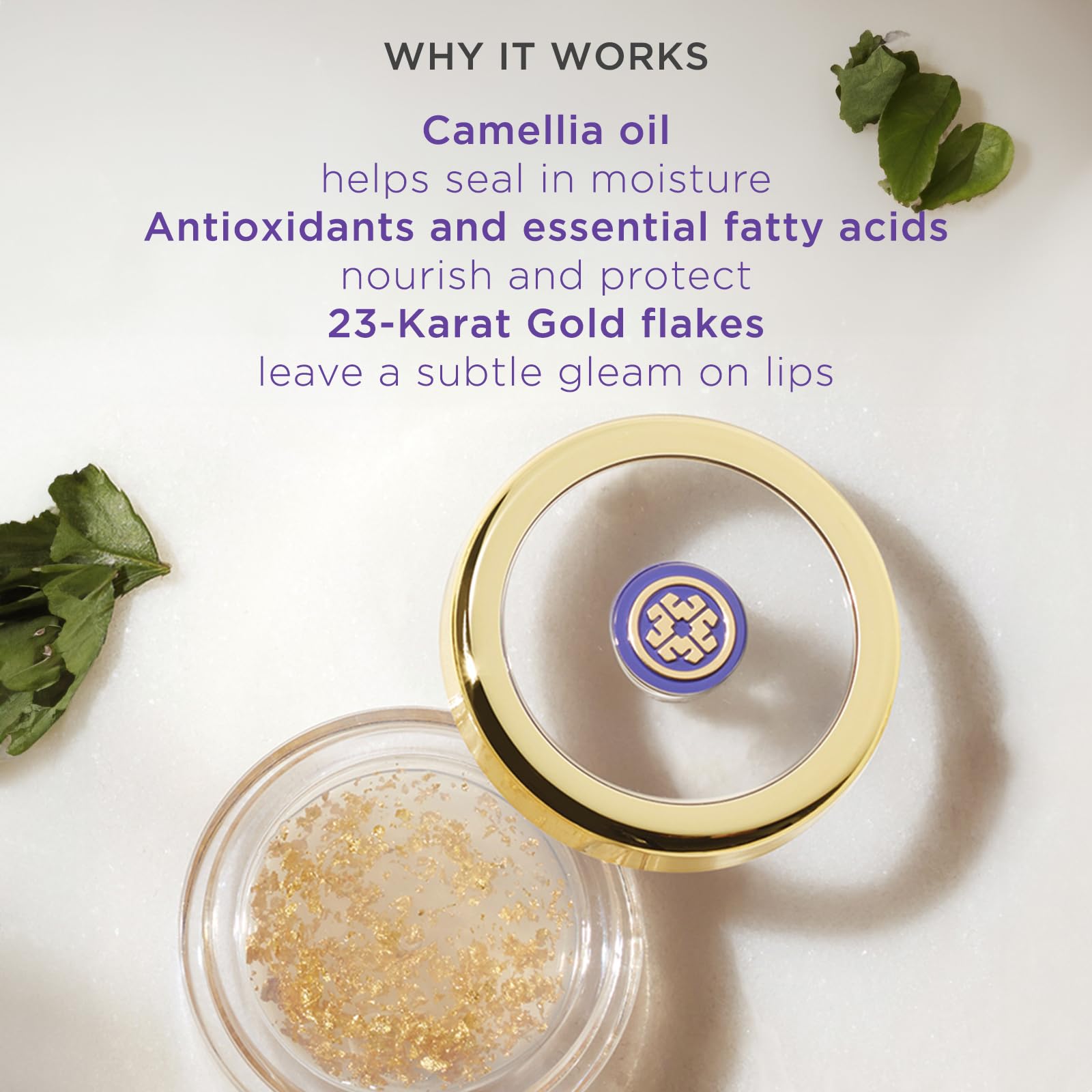 Tatcha Camellia Gold Spun Lip Balm gold flakes; subtle shimmer and antioxidant-rich care.