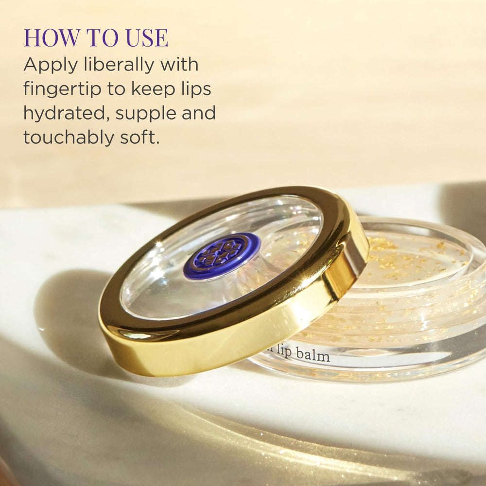 Tatcha Camellia Gold Spun Lip Balm swirl texture; luxurious hydration and quick absorption.