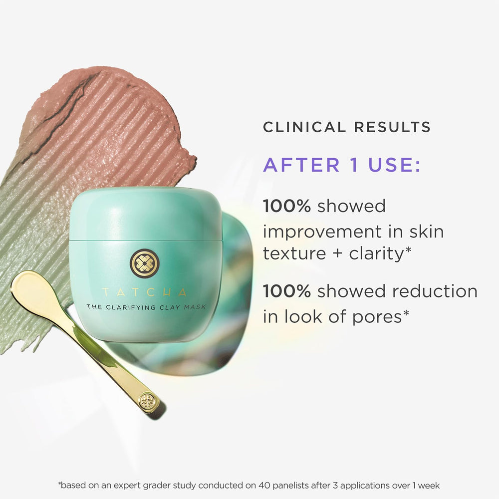 TATCHA Clarifying Clay Mask applying shot demonstrating pore cleansing before makeup.