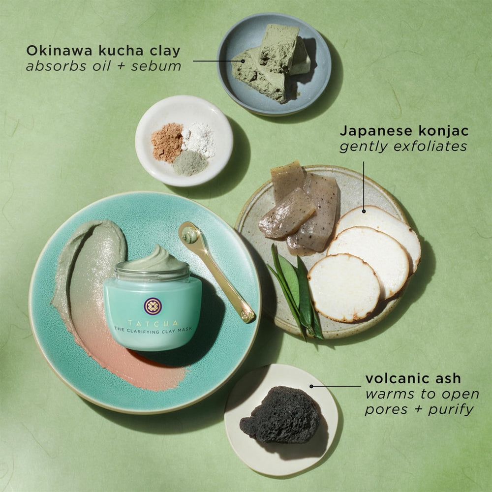 TATCHA Clarifying Clay Mask packaging highlights premium skincare aesthetic.