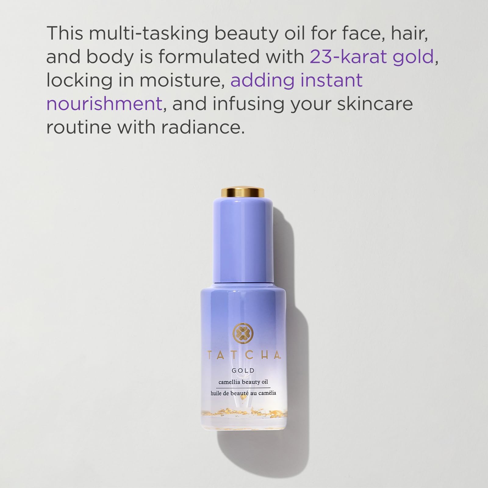 Dropper of TATCHA Gold Camellia Oil delivers precise, lightweight application for face and hair.