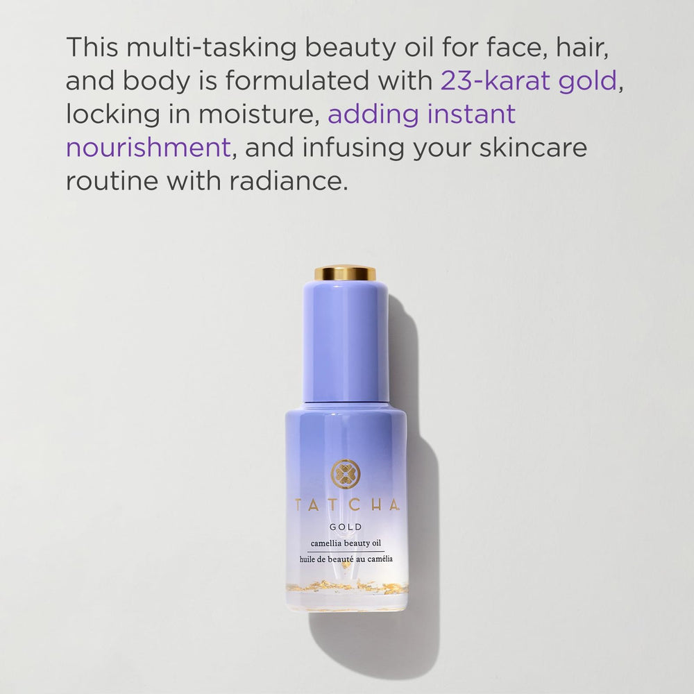 Dropper of TATCHA Gold Camellia Oil delivers precise, lightweight application for face and hair.