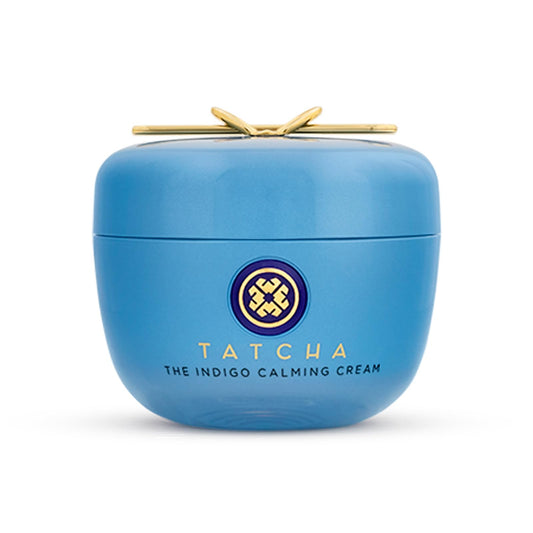 TATCHA Indigo Calming Cream jar, fragrance-free solution for redness and hydration.