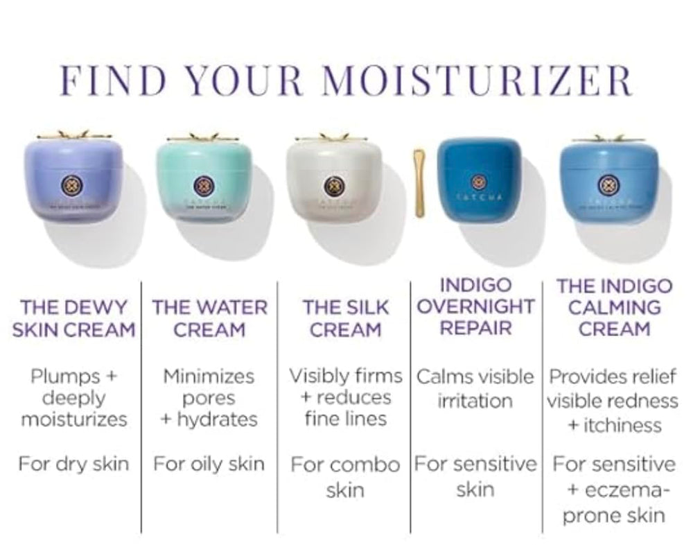 TATCHA Indigo Calming Cream jars displayed, implying premium skincare routine.
