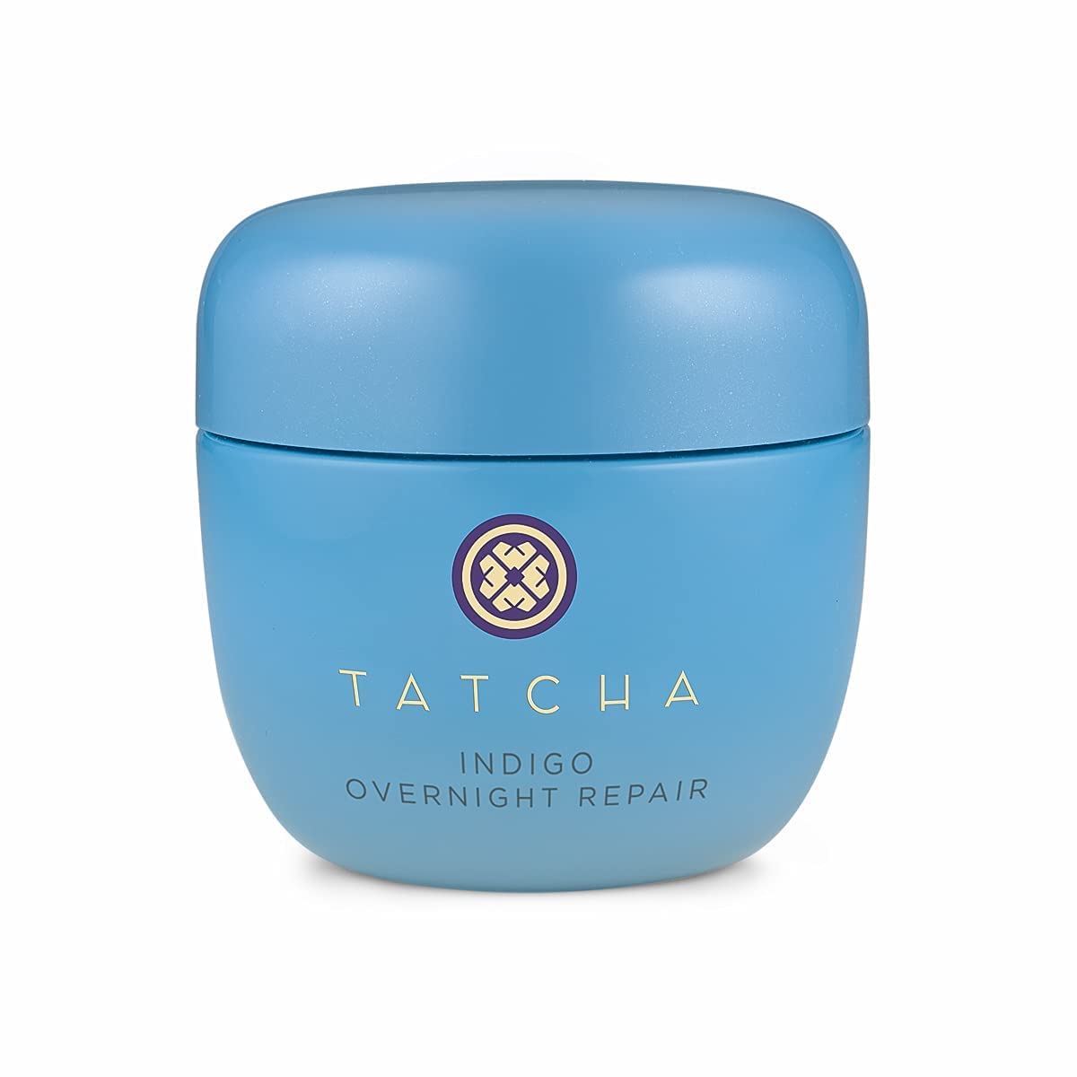 TATCHA Indigo Overnight Repair jar shows a cushiony fragrance-free night cream for overnight hydration.