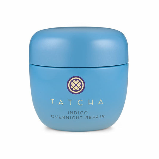 TATCHA Indigo Overnight Repair jar shows a cushiony fragrance-free night cream for overnight hydration.
