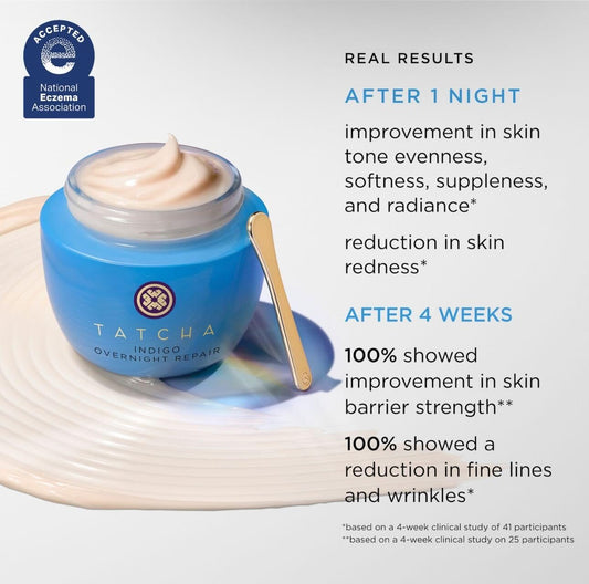 TATCHA Indigo Overnight Repair texture closeup highlights a rich, fragrance-free formula ideal for calming skin.