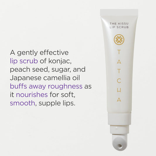 Tatcha Kissu Lip Scrub peach seed texture highlights gentle exfoliation for daily care