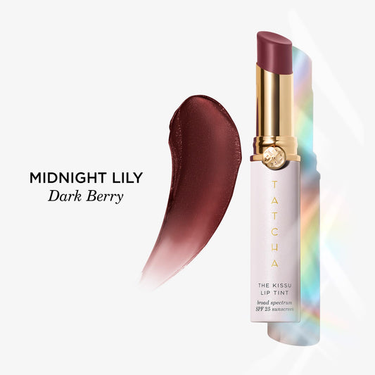 TATCHA Kissu Lip Tint Midnight Lily on lips displaying color and hydration