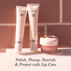 Glossy finish on lips after applying TATCHA Kissu Lip Treatment