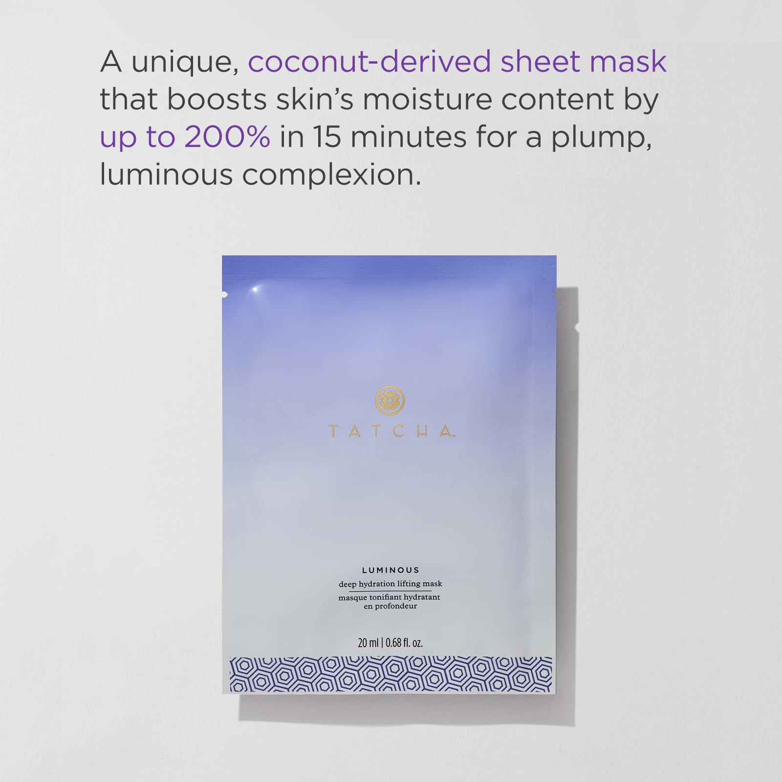 TATCHA Luminous Deep Hydration Mask close-up highlighting serum-rich formula and plump skin.