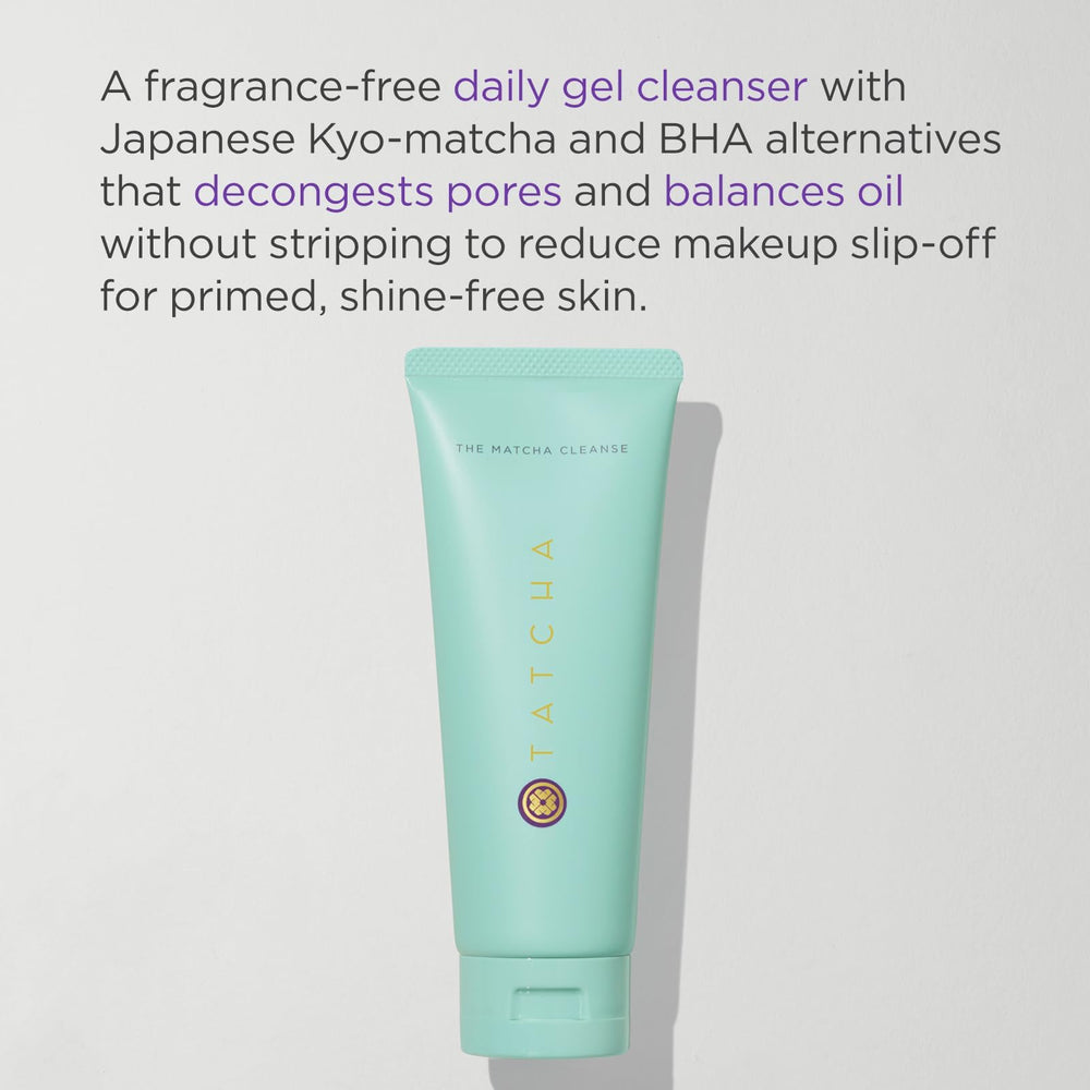 TATCHA Matcha Cleanse bottle close-up, highlighting clarifying formula for smooth, balanced skin.