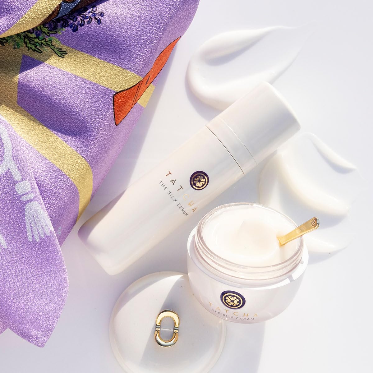 Lifestyle scene of night routine featuring Silk Serum and Silk Cream