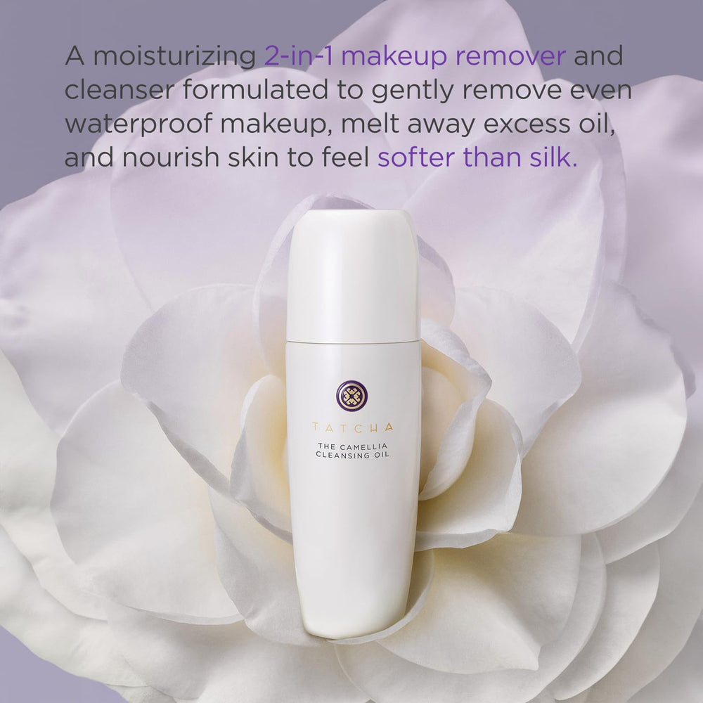 TATCHA Pure One Step Camellia Cleansing Oil bottle for gentle makeup removal.
