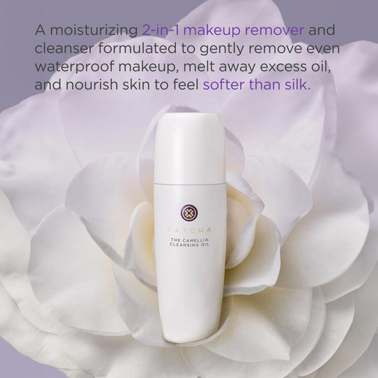 TATCHA Pure One Step Camellia Cleansing Oil bottle for gentle makeup removal.