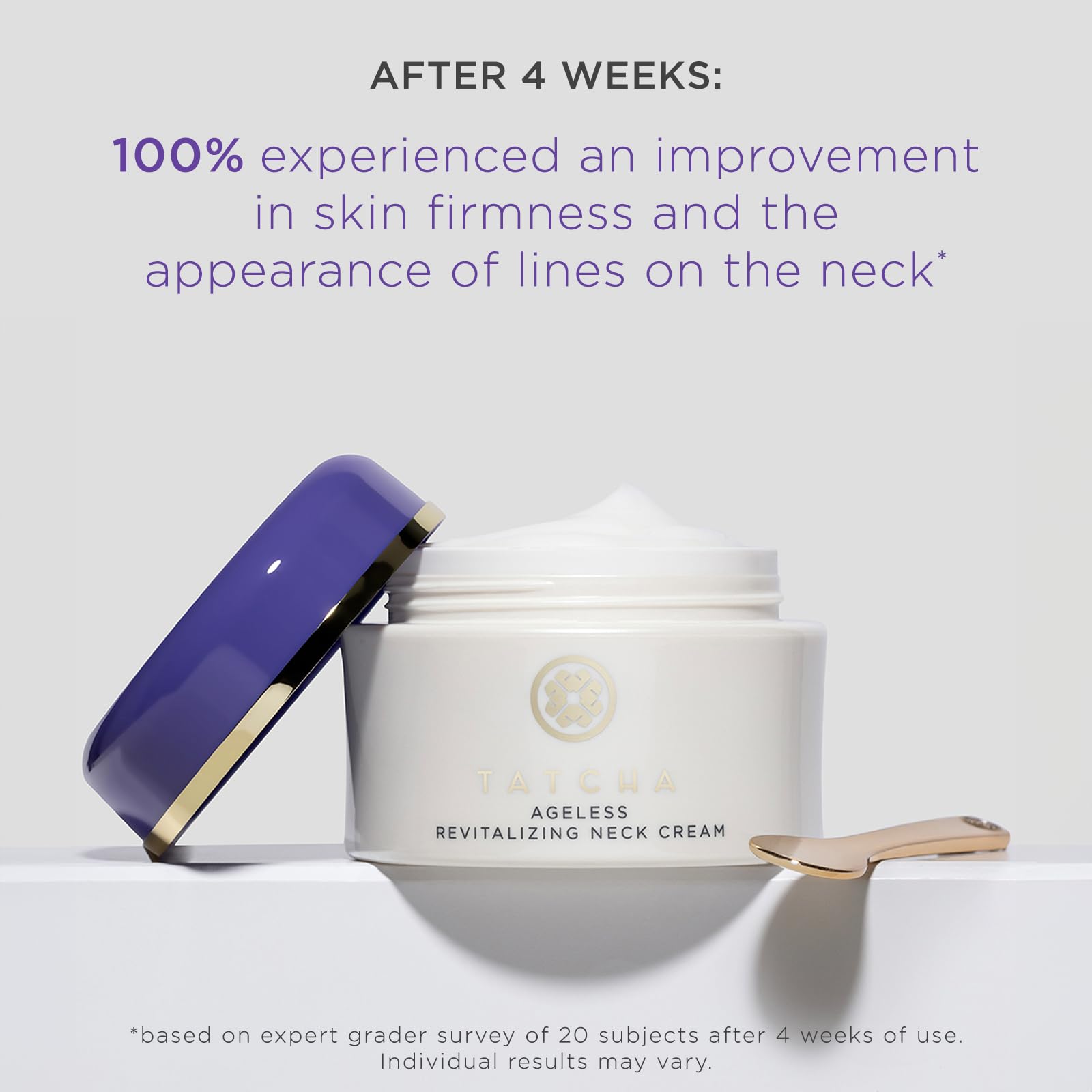 TATCHA Revitalizing Neck Cream packaging highlighting antioxidants and nourishing formula.