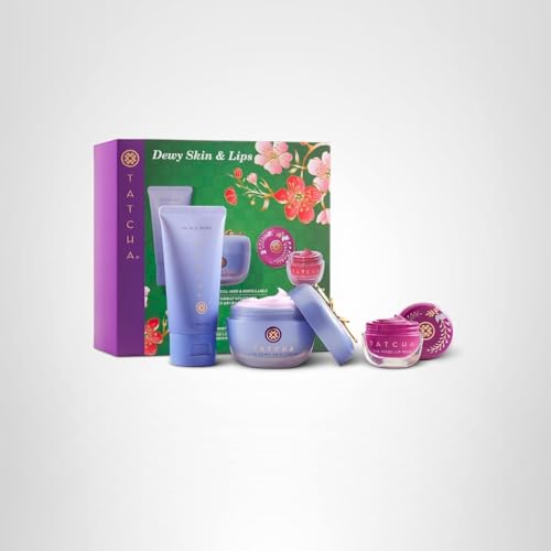 Tatcha Set display with berry lip gloss swatch.