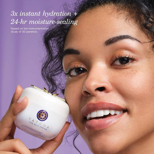 TATCHA Silk Cream texture close-up highlights silky, weightless gel texture.