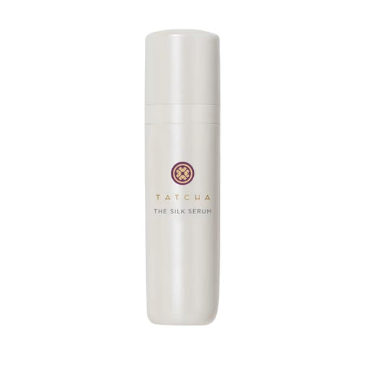 Tatcha Silk Serum bottle close-up showing silky texture and wrinkle-smoothing potential.