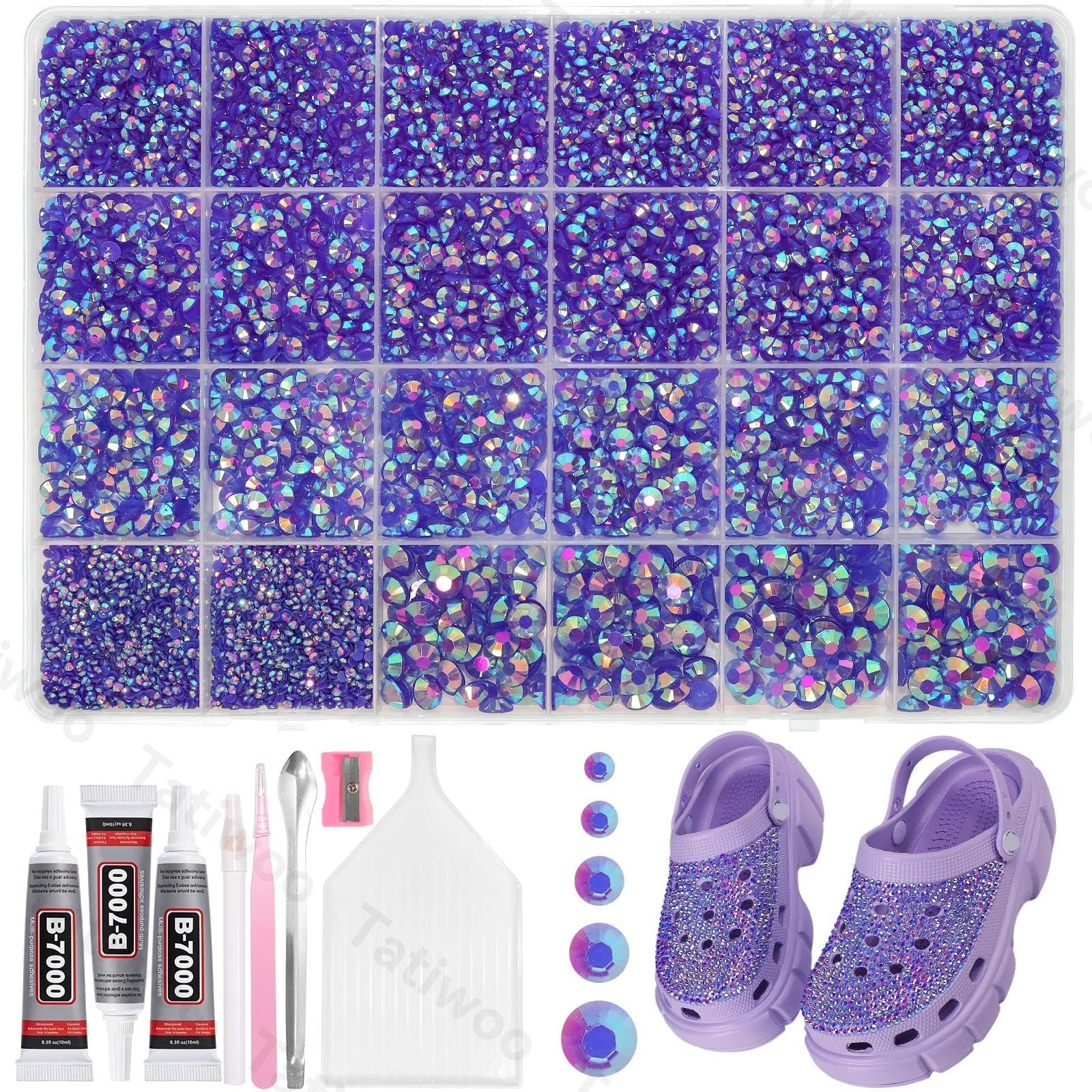 Tatiwoo 20000P purple AB flatback rhinestones kit in a box for easy crafting.