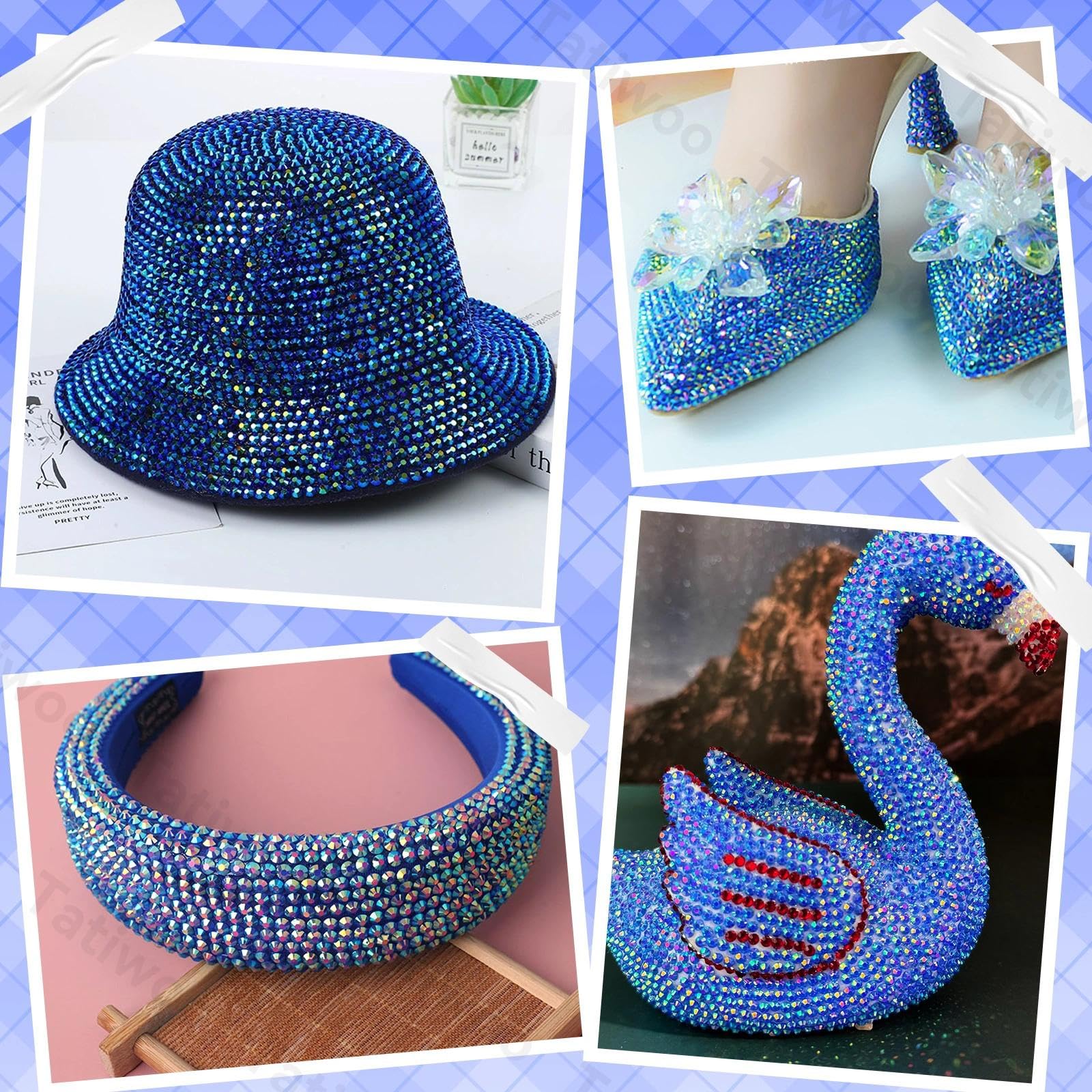 Tatiwoo AB coated royal blue rhinestones closeup with rainbow sparkle