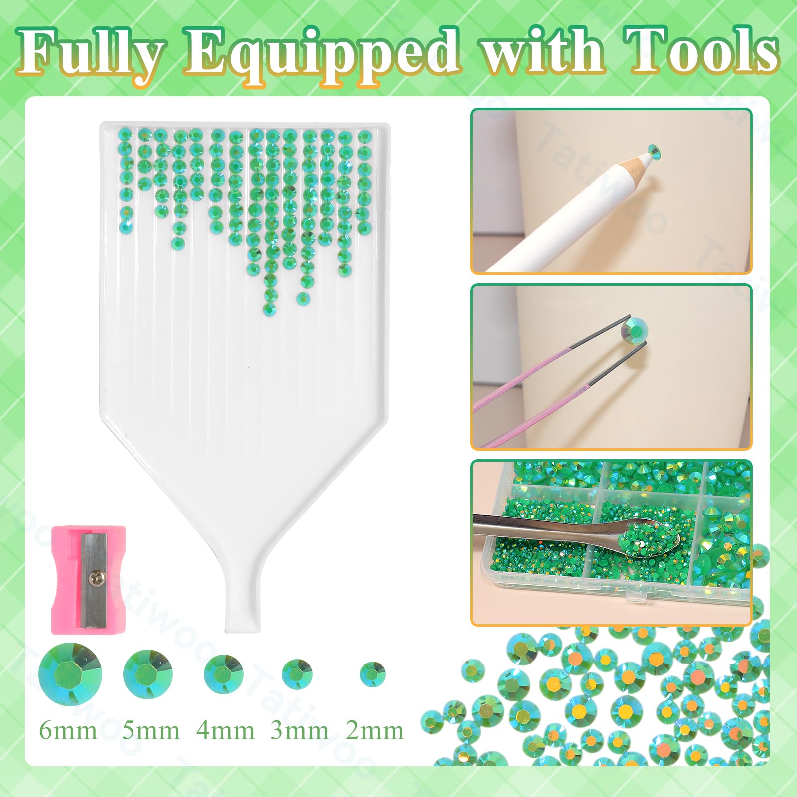 Tatiwoo 3mm dark green flatback rhinestones in a mixed-size collection