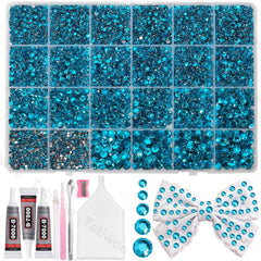 Tatiwoo peacock blue flatback rhinestones kit contents for bedazzling projects.