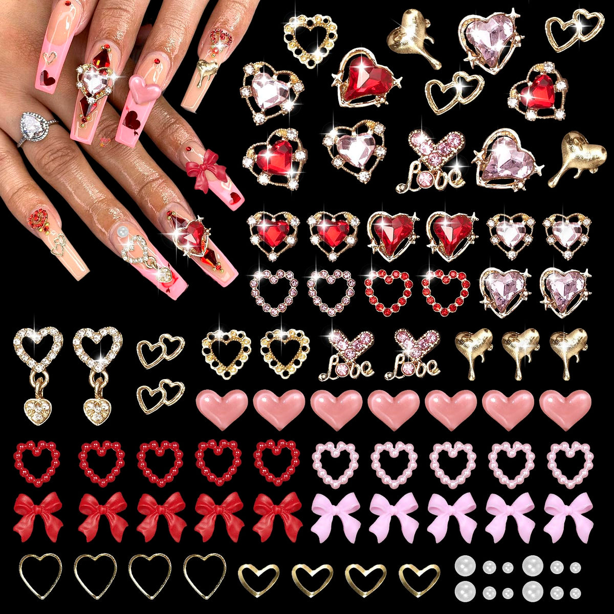 Tatiwoo valentines heart-bow nail charms provide glamorous 3D depth.