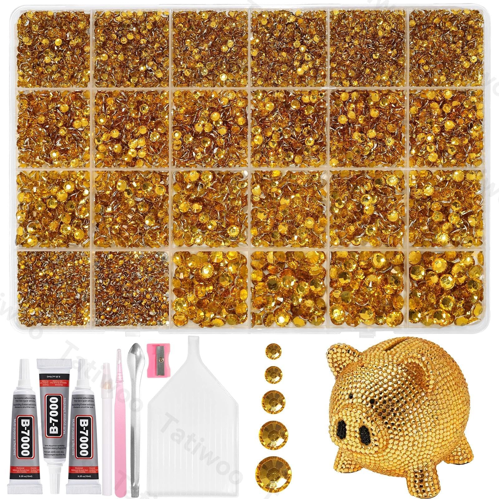 Tatiwoo yellow gold flatback rhinestones in 2mm for delicate fabric accents.