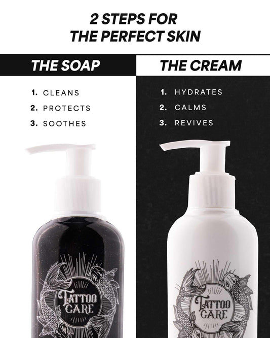 Tattoo Care soap bottle providing gentle cleansing for fresh and healed tattoos.
