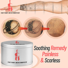 Safety label on Tattoo Destroyer packaging emphasizing topical use.