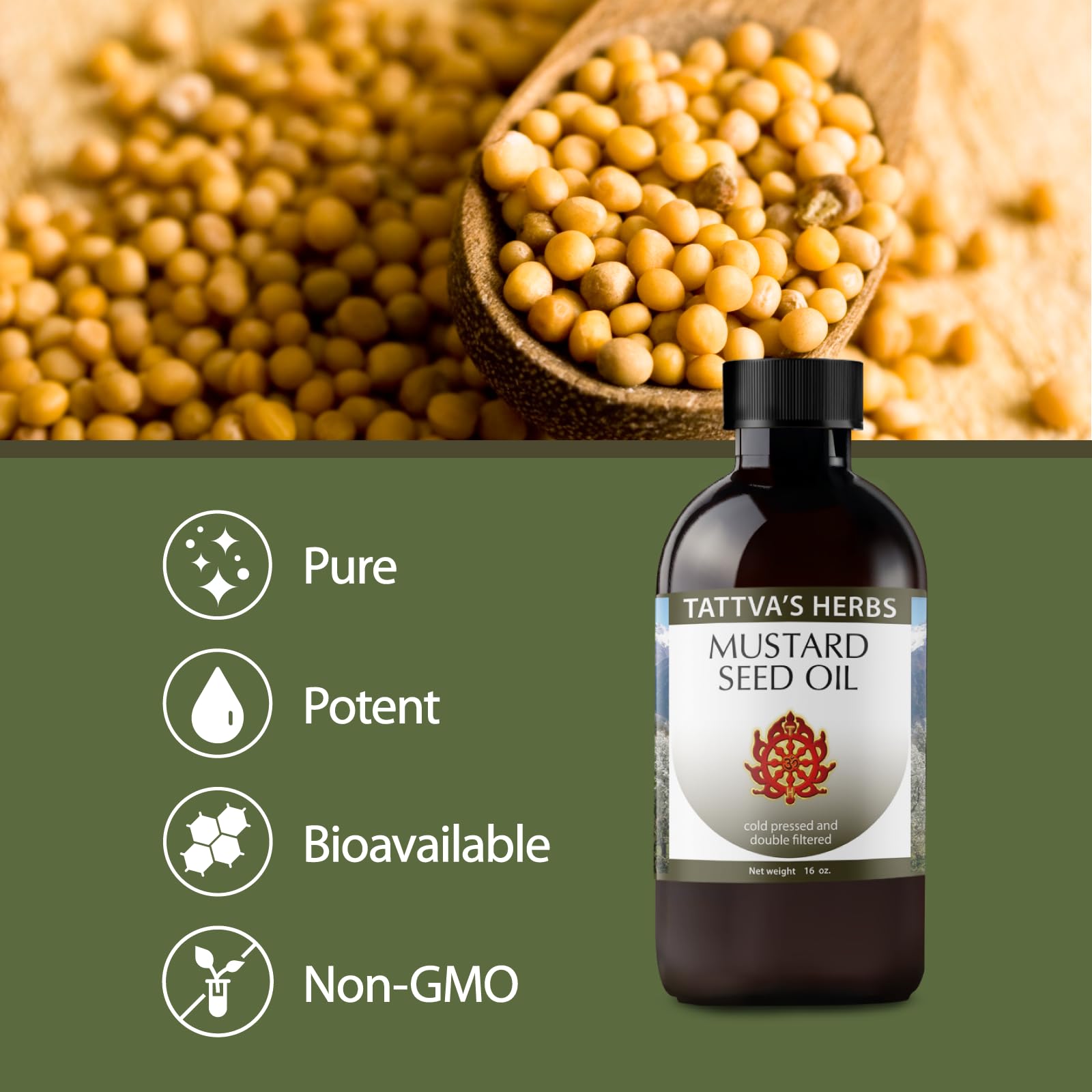 Tattva's Herbs mustard seed oil for cooking and flavoring dishes.