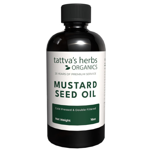 Tattva's Herbs mustard seed oil bottle for versatile kitchen and hair care.