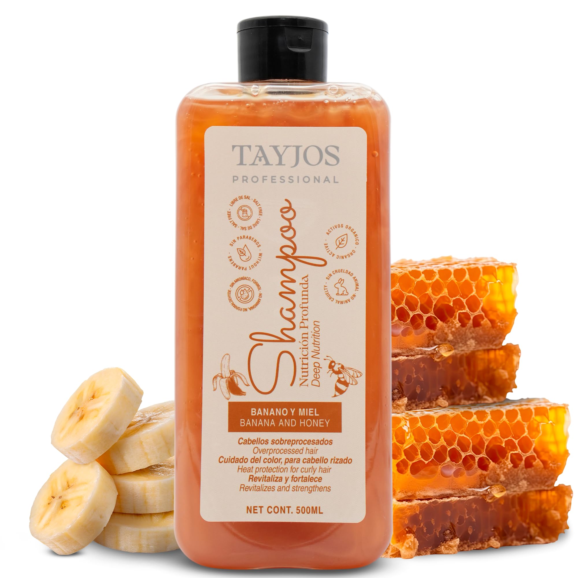 TAYJOS PROFESSIONAL Banana & Honey shampoo bottle for gentle daily cleansing that preserves moisture.