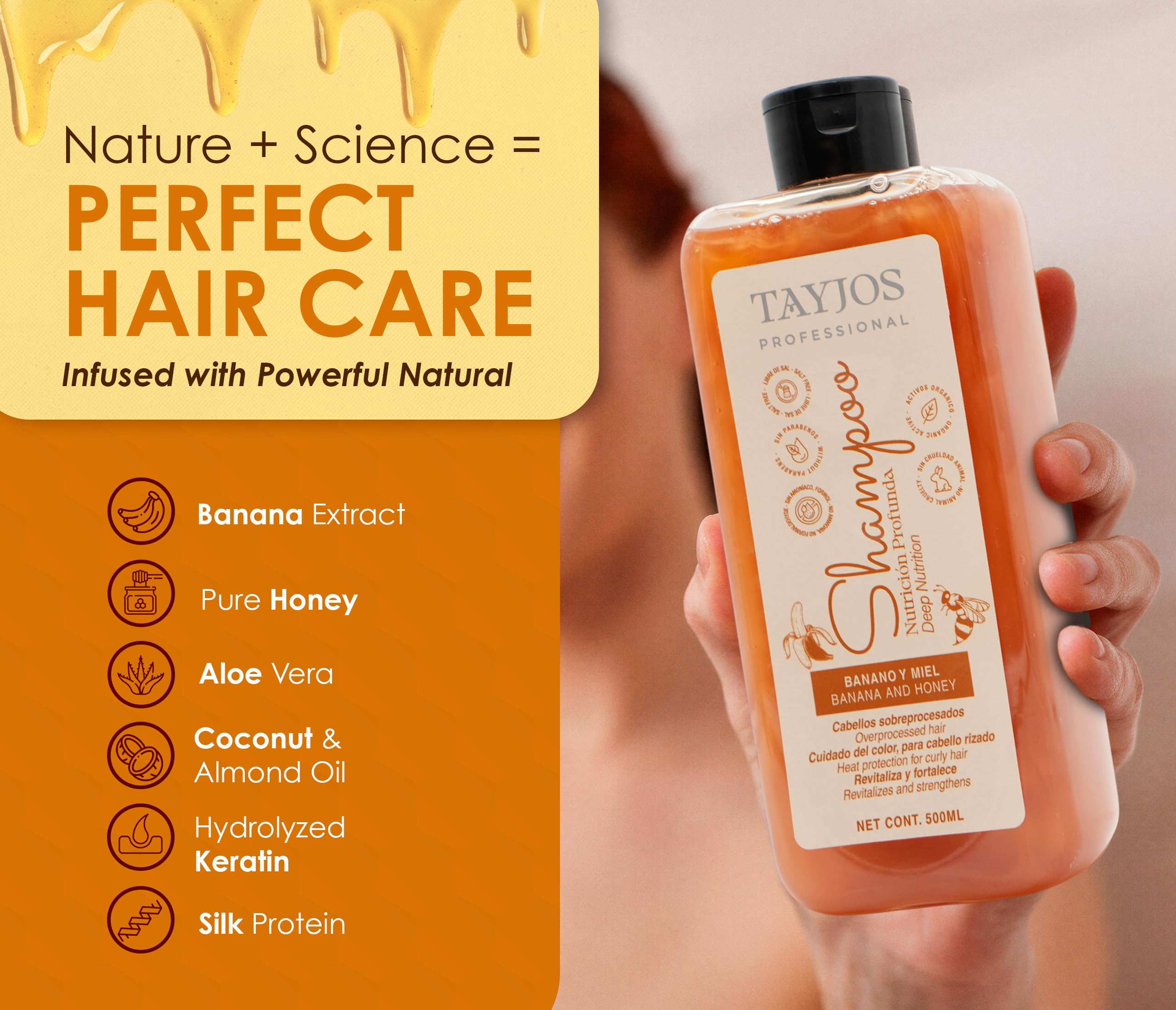TAYJOS PROFESSIONAL Banana & Honey label close-up highlights natural conditioning ingredients.