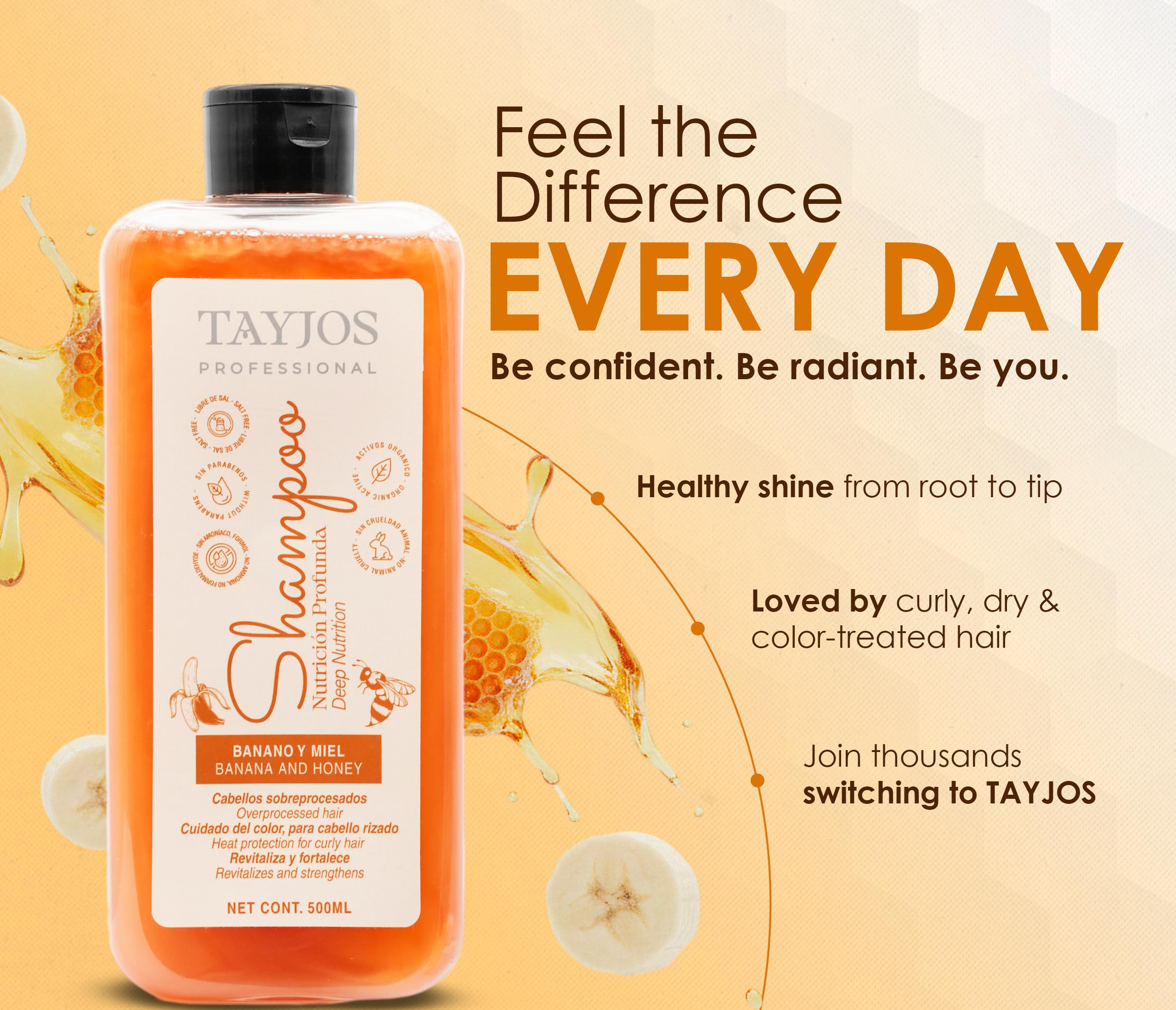 TAYJOS PROFESSIONAL Banana & Honey 500 ml bottle on shelf for daily or salon use.
