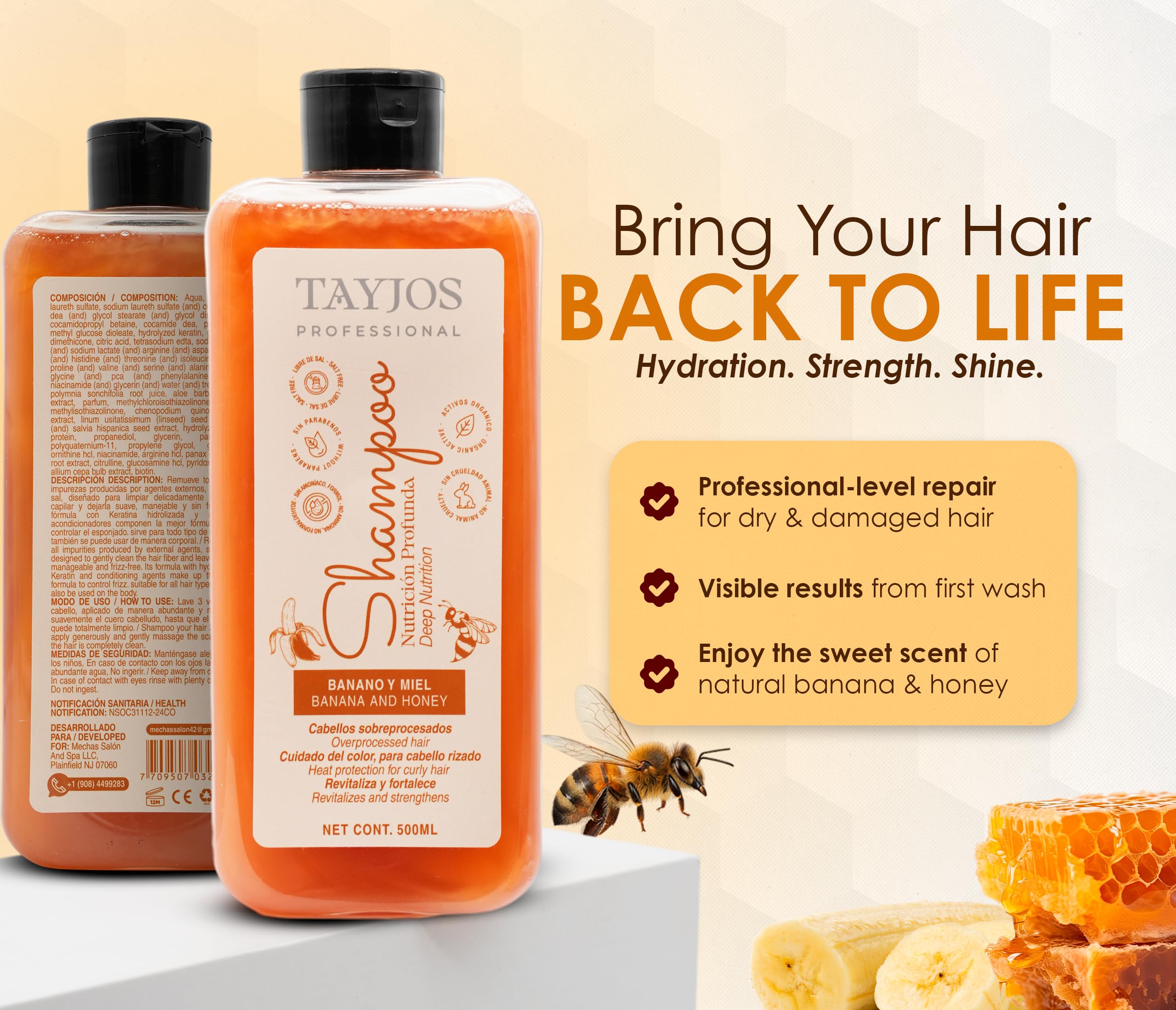 TAYJOS PROFESSIONAL Banana & Honey bottle pour shows rich lather for nourishing strands.