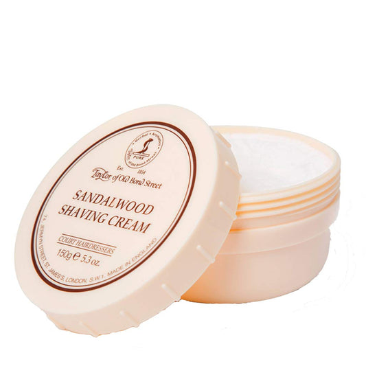 Taylor sandalwood shaving bowl close-up emphasizing smooth lather and scent