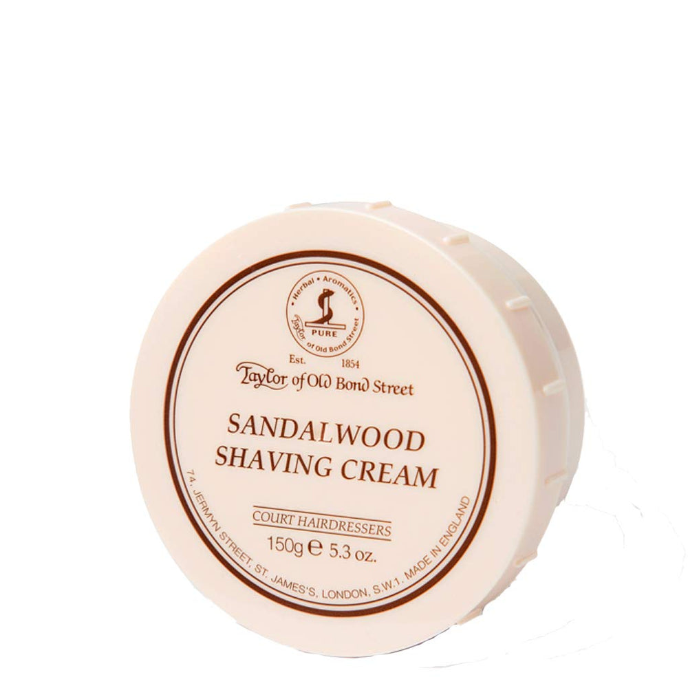 Taylor sandalwood shaving bowl packaging display showing triple-pack value